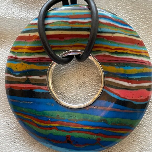 Jay King Rainbow Calsillica reversible Disk Necklace on leather adjustable cord - Picture 2 of 11